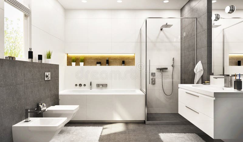 Современный белый bathroom с ванной и окном стоковые фото Современный белый bathroom с ванной и окном стоковые фото