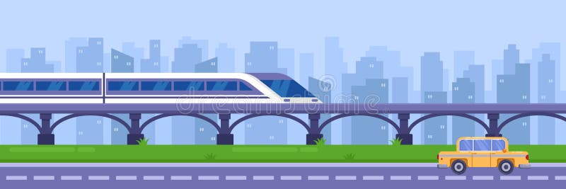 Modern high speed train on railway bridge. Railway passenger public transport, vector illustration. Railroad travel and trip concept. Modern high speed train on railway bridge. Railway passenger public transport, vector illustration. Railroad travel and trip concept.