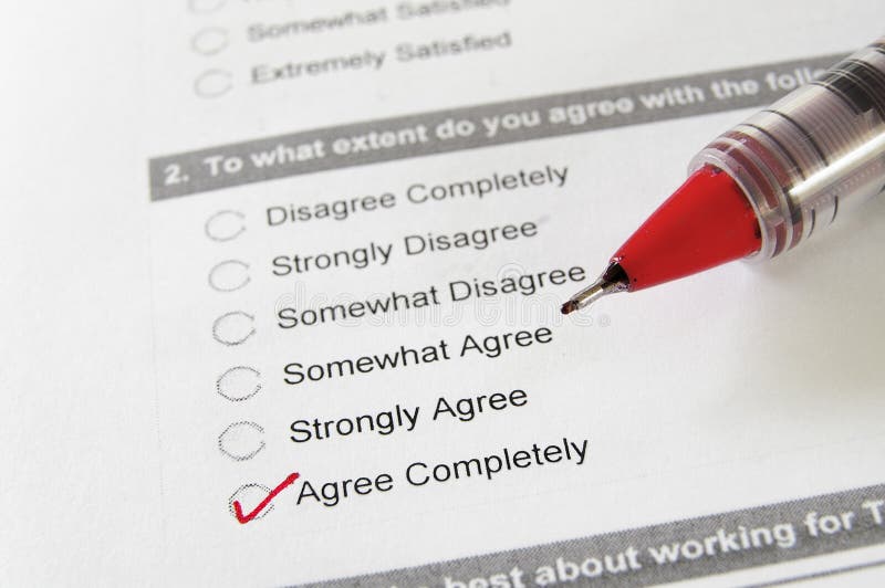 Closeup of a survey form, with Agree Completely checked. Closeup of a survey form, with Agree Completely checked