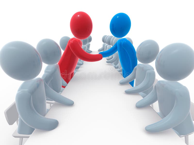 Two sides sitting behind negotiation table. Red and blue person shaking hands. Concept of business or political agreement or meeting of two sides. Two sides sitting behind negotiation table. Red and blue person shaking hands. Concept of business or political agreement or meeting of two sides.