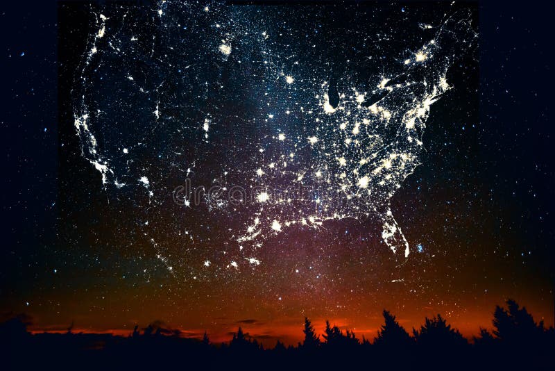 Forest sunset landscape with projection of USA map in the form of stars of the constellations of city lights. Travel United States of America concept. Elements of this image furnished by NASA. Forest sunset landscape with projection of USA map in the form of stars of the constellations of city lights. Travel United States of America concept. Elements of this image furnished by NASA