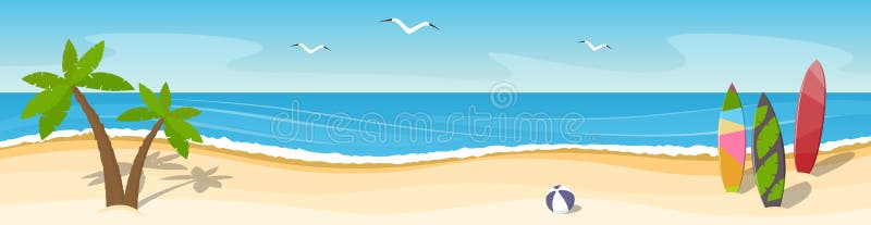 Солнечный seascape с пальмами и surfboards панорама Установите f бесплатная иллюстрация Солнечный seascape с пальмами и surfboards панорама Установите f бесплатная иллюстрация
