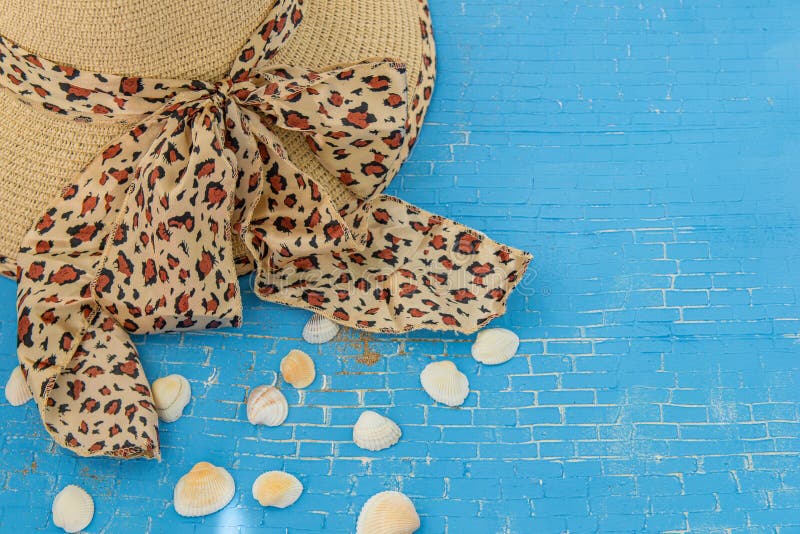 Соломенная шляпа для женщины с печатью леопарда, seashells на голубой предпосылке стоковые фотографии rf Соломенная шляпа для женщины с печатью леопарда, seashells на голубой предпосылке стоковые фотографии rf