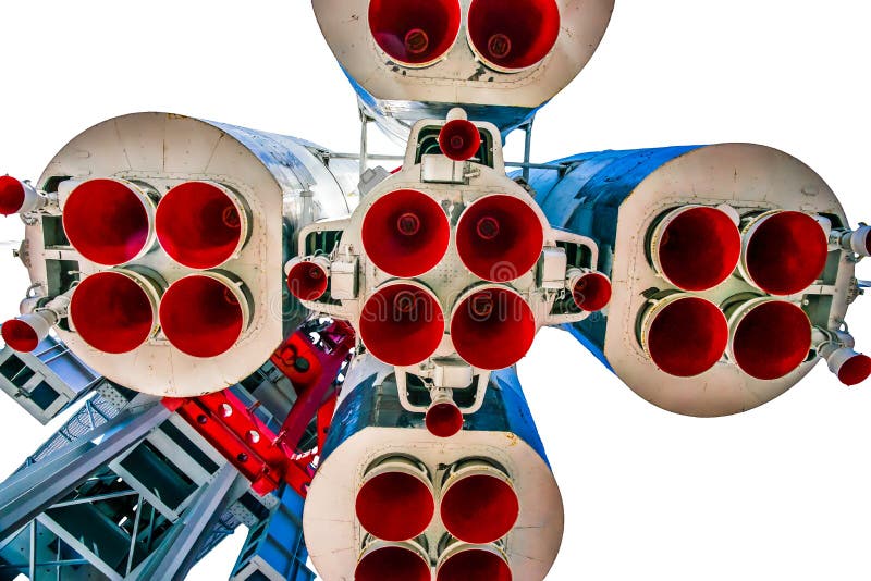 View of propulsion nozzles of Yury Gagarin's spacecraft Vostok-1 (East-1). against white background. View of propulsion nozzles of Yury Gagarin's spacecraft Vostok-1 (East-1). against white background