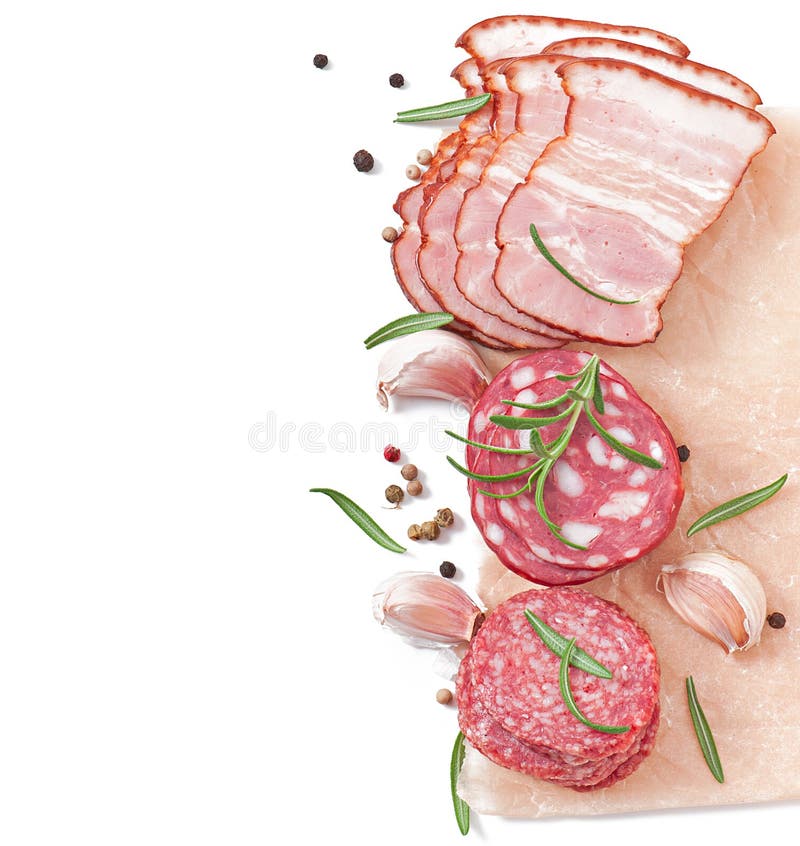 Assorted deli meats, rosemary and pepper, isolated on white. Assorted deli meats, rosemary and pepper, isolated on white