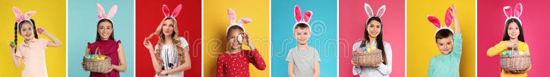 сортировка фотографий людей, носящих повязки на ушах кролика, на различных цветовых баннерах. счастливый Пасха стоковые изображения rf