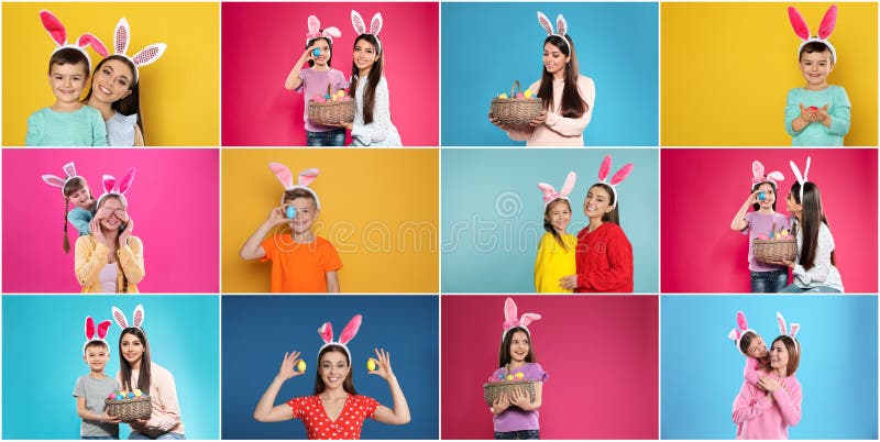 сортировка фотографий людей, носящих повязки на ушах кролика, на различных цветовых баннерах. счастливый Пасха стоковые фото