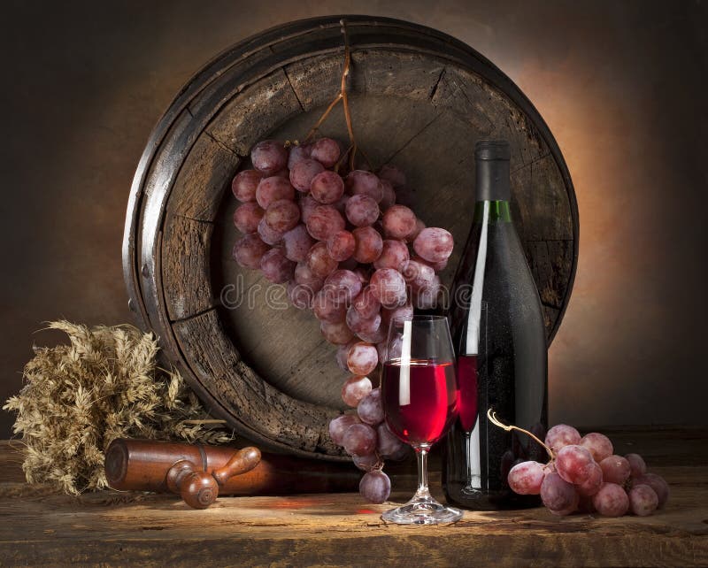 Wine composition with wine cask on background. Wine composition with wine cask on background