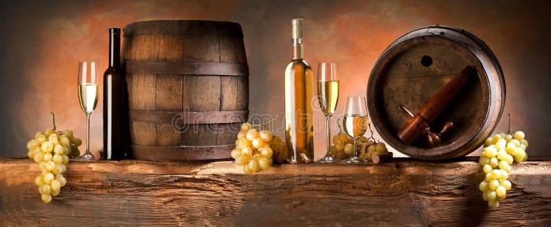 Wine composition with wine cask on background. Wine composition with wine cask on background