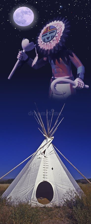 Composite image of a teepee silhouetted at dusk and Hopi kachina in the sky. Composite image of a teepee silhouetted at dusk and Hopi kachina in the sky