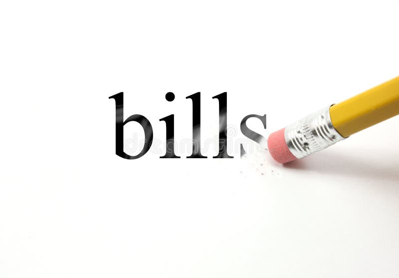 The word bills written with a pencil on white paper. An eraser from a pencil is starting to erase the word bills. The word bills written with a pencil on white paper. An eraser from a pencil is starting to erase the word bills.