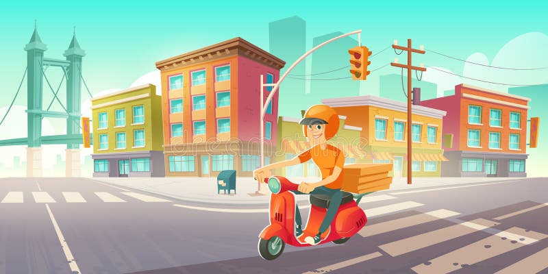 Сотрудник доставляющий покупки на дом на выездной скутера на улице города иллюстрация штока
