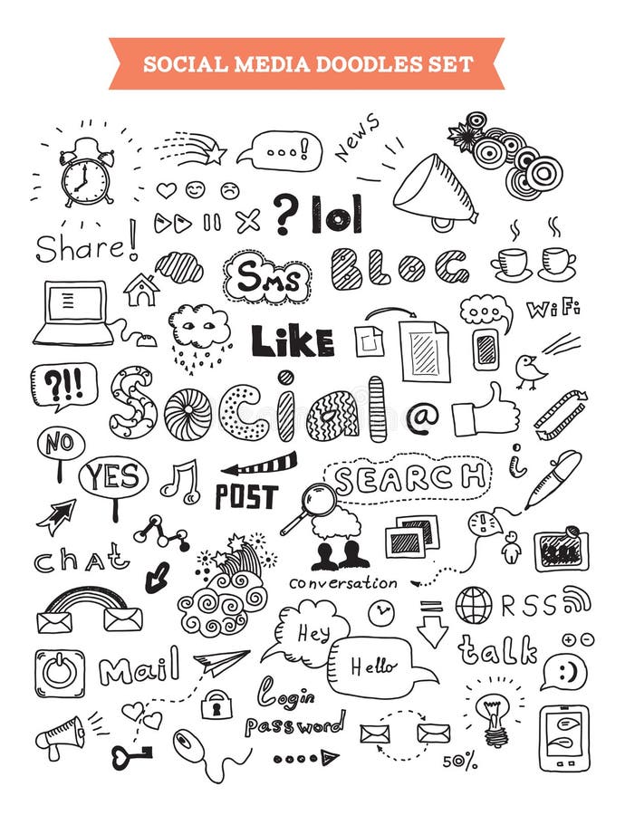 Социальный комплект элементов doodle средств массовой информации иллюстрация вектора Социальный комплект элементов doodle средств массовой информации иллюстрация вектора