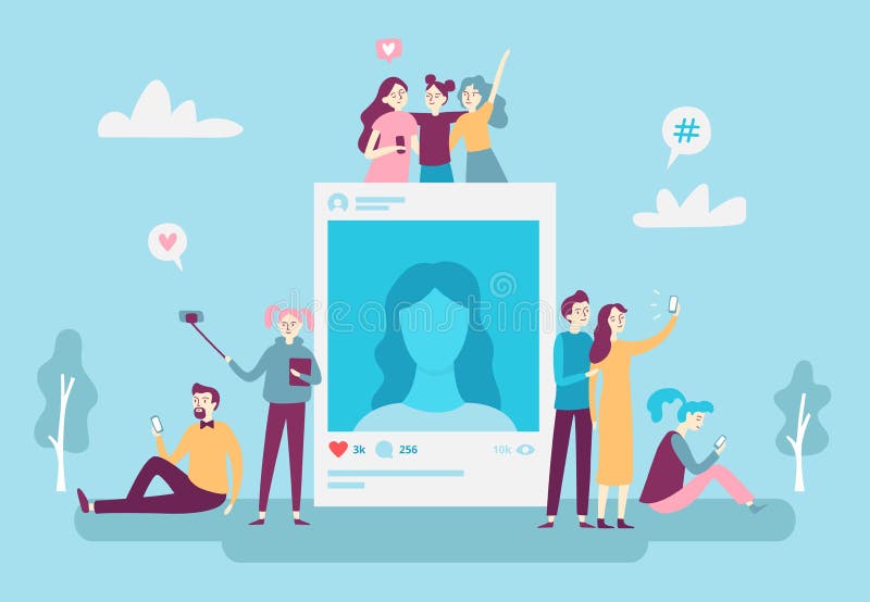 Социальные люди малолеток столба фото сети вывешивая фото selfie на smartphone Социальная концепция вектора наркомании средств ма иллюстрация вектора