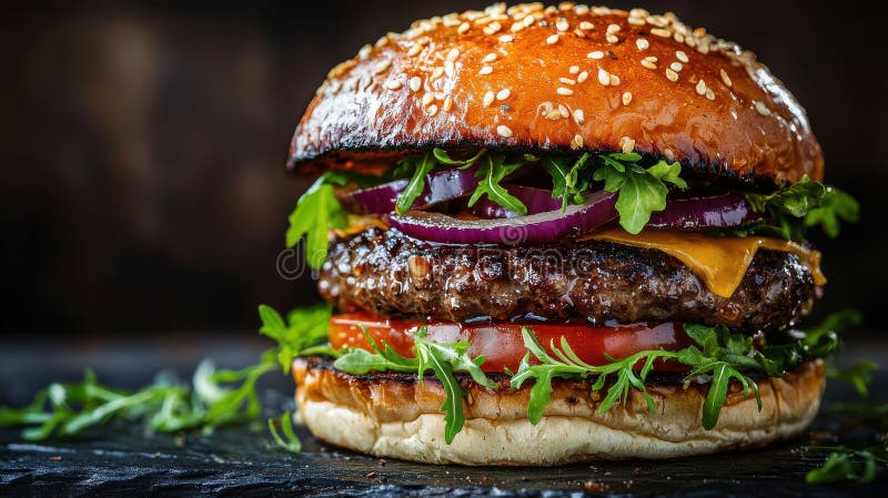 Сочный бургер с свежими овощами и булочкой Sesame бесплатная иллюстрация