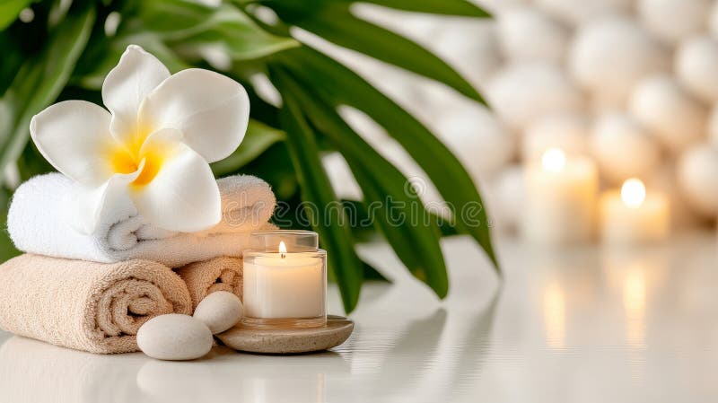 Спа-центр Tranquil с полотенцами свечей, белым цветом и зеленью стоковая фотография rf