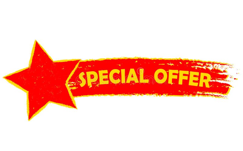 Special offer with star banner - text in yellow and red drawn label, business shopping concept. Special offer with star banner - text in yellow and red drawn label, business shopping concept