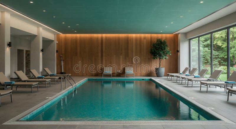 Спокойный отдых в крытом бассейне : Роскошный Спа Отдых Wellness & Tranquil Green Design Modern Retreat иллюстрация вектора