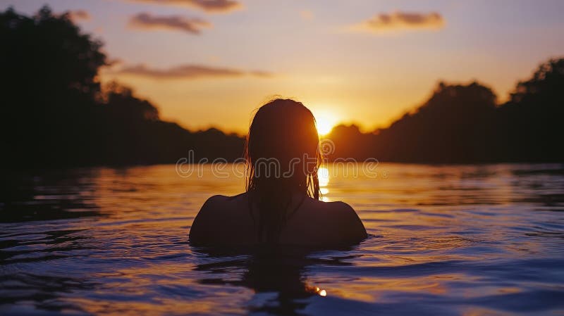 Спокойствие на закате : Женщина, принимающая природу в спокойных водах иллюстрация штока