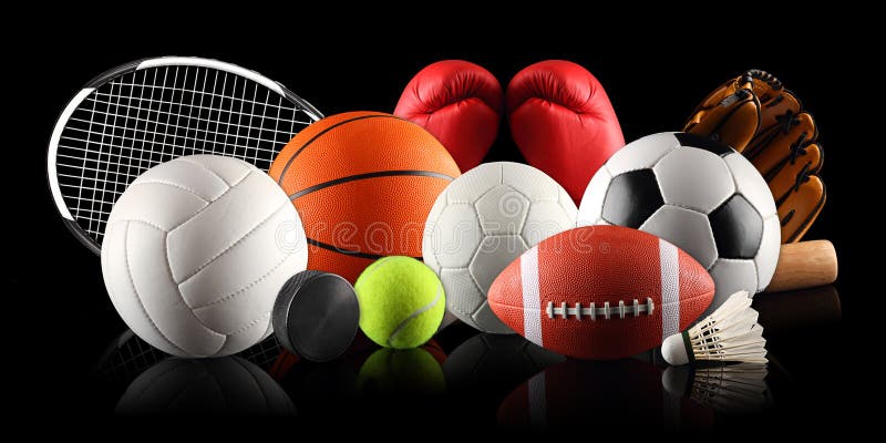 Sport equipment and balls in front of black background. Sport equipment and balls in front of black background