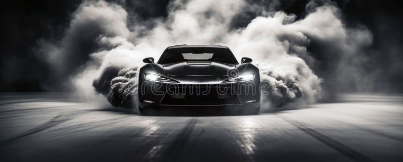 спортивный автомобиль, выходящий из дыма. иллюстрация штока