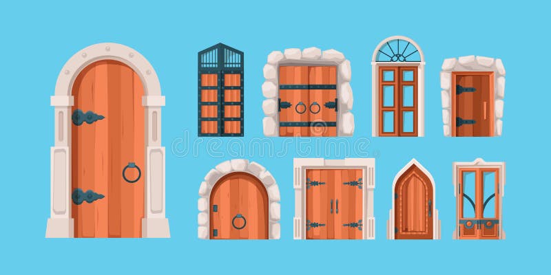 Medieval doors. Ancient wooden and steel doors old building wall mysterious portal vector gates in flat style. Medieval wooden door, ancient gate for castle illustration. Medieval doors. Ancient wooden and steel doors old building wall mysterious portal vector gates in flat style. Medieval wooden door, ancient gate for castle illustration