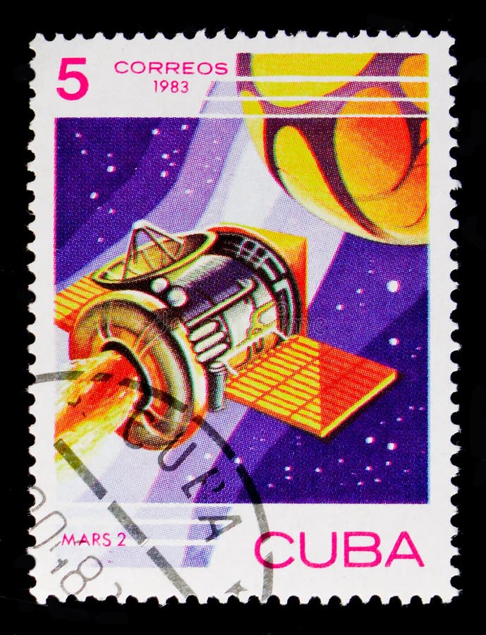 MOSCOW, RUSSIA - OCTOBER 1, 2017: A stamp printed in Cuba shows Spacecraft `Mars-2` USSR, 1971, Space day serie, circa 1983. MOSCOW, RUSSIA - OCTOBER 1, 2017: A stamp printed in Cuba shows Spacecraft `Mars-2` USSR, 1971, Space day serie, circa 1983