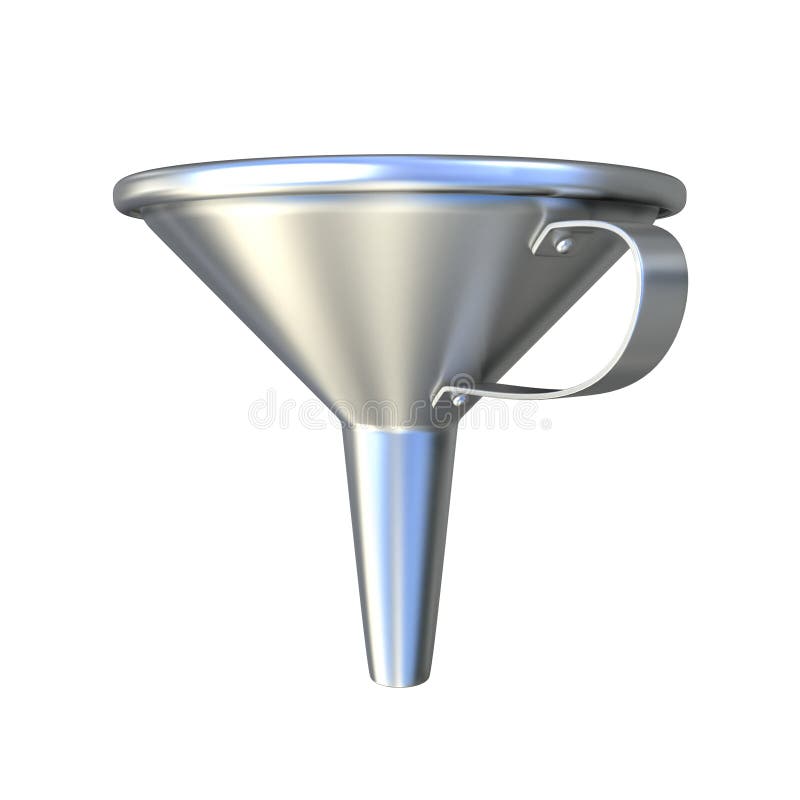 Steel funnel. 3D render illustration, isolated on white. Side view. Computer generated image. Steel funnel. 3D render illustration, isolated on white. Side view. Computer generated image