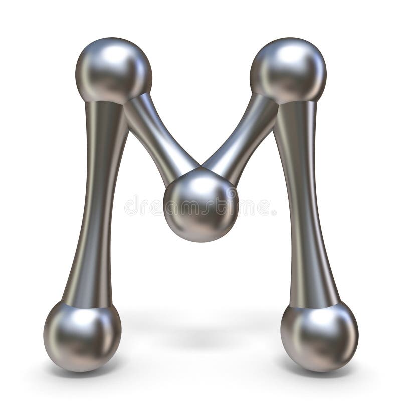 Steel molecular font Letter M 3D render illustration isolated on white background. Steel molecular font Letter M 3D render illustration isolated on white background