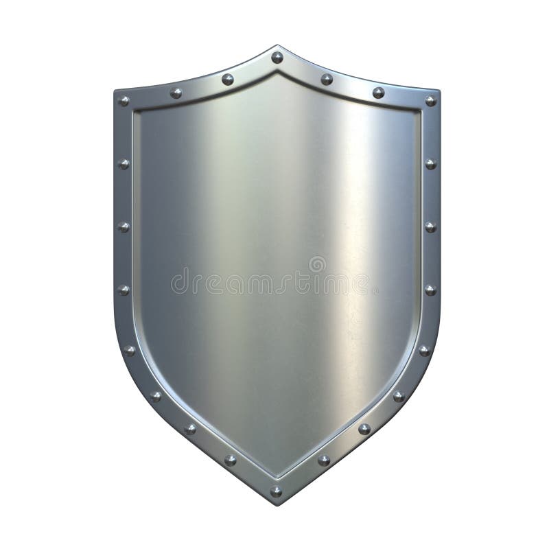 Steel medieval shield, metallic shield, isolated on white background, 3d rendering, digital image, isolated illustration. Steel medieval shield, metallic shield, isolated on white background, 3d rendering, digital image, isolated illustration