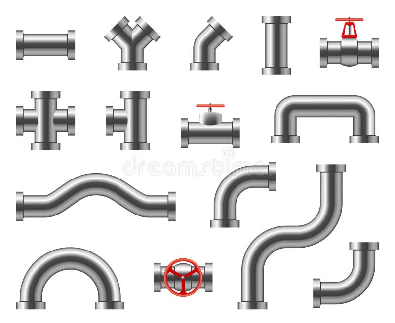 Steel pipes. Metal pipeline connectors, fittings, valves, industrial plumbing for water and gas vector set isolated. Illustration of pipeline and pipe part for water or oil. Steel pipes. Metal pipeline connectors, fittings, valves, industrial plumbing for water and gas vector set isolated. Illustration of pipeline and pipe part for water or oil