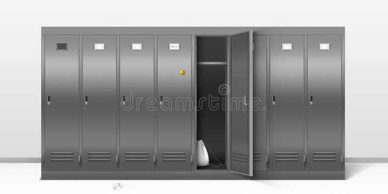 Steel lockers, vector school or gym changing room metal cabinets. Row of grey storage furniture with closed and open doors, sport bag inside and name plates in college hall, Realistic 3d illustration. Steel lockers, vector school or gym changing room metal cabinets. Row of grey storage furniture with closed and open doors, sport bag inside and name plates in college hall, Realistic 3d illustration
