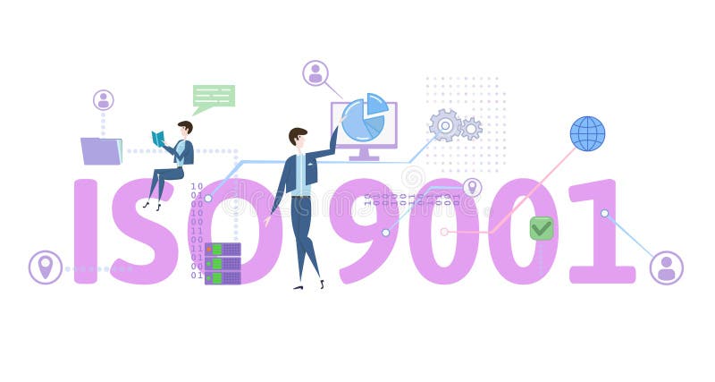 Стандарт ISO 9001 Таблица концепции с людьми, письмами и значками Покрашенная плоская иллюстрация вектора на белой предпосылке бесплатная иллюстрация Стандарт ISO 9001 Таблица концепции с людьми, письмами и значками Покрашенная плоская иллюстрация вектора на белой предпосылке бесплатная иллюстрация