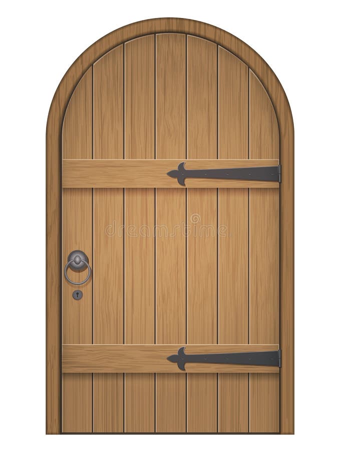 Old wooden arch door. Closed door, made of wooden planks, with iron hinges. Vector illustration. Old wooden arch door. Closed door, made of wooden planks, with iron hinges. Vector illustration.