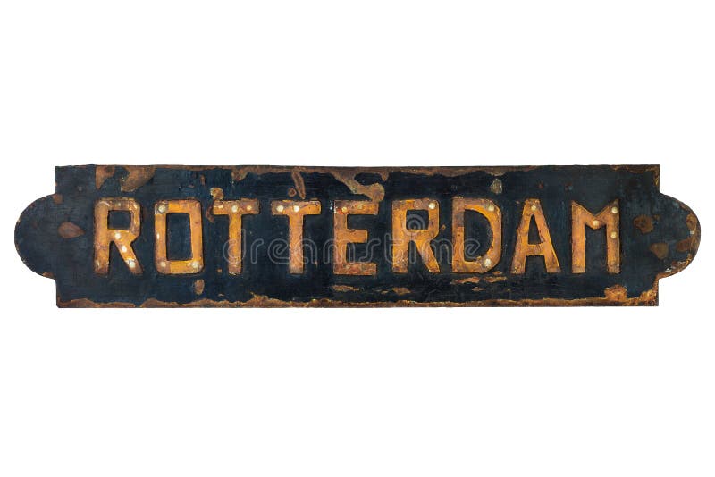 Old rusted steel ship plate with an imprint of the Dutch city of Rotterdam. Old rusted steel ship plate with an imprint of the Dutch city of Rotterdam