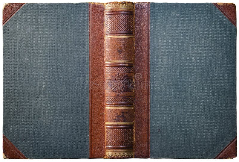 Старая открытая обложка книги с выбитым коричневым кожаным позвоночником стоковые фотографии rf