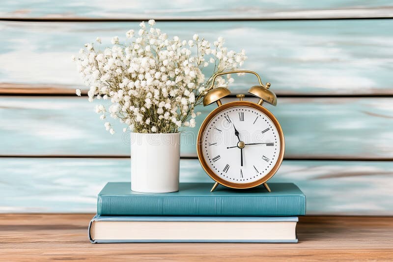 старинные часы и белые цветы на книгах на деревенском деревянном фоне бесплатная иллюстрация