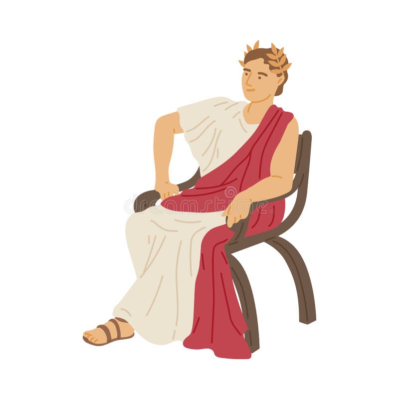 Antique emperor of ancient roman patrician in toga sitting, flat vector illustration isolated on white background. Ancient caesar in laurel wreath cartoon character. Antique emperor of ancient roman patrician in toga sitting, flat vector illustration isolated on white background. Ancient caesar in laurel wreath cartoon character.