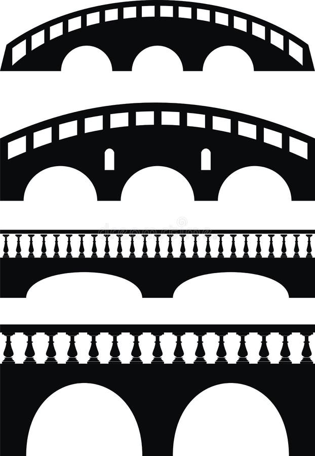 Set of ancient stone bridge black silhouettes, balustrade - isolated vector illustration on white background. Set of ancient stone bridge black silhouettes, balustrade - isolated vector illustration on white background