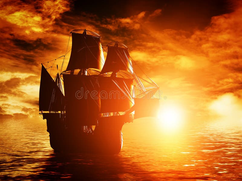 Ancient pirate ship sailing on the ocean at sunset. In full sail. Ancient pirate ship sailing on the ocean at sunset. In full sail.