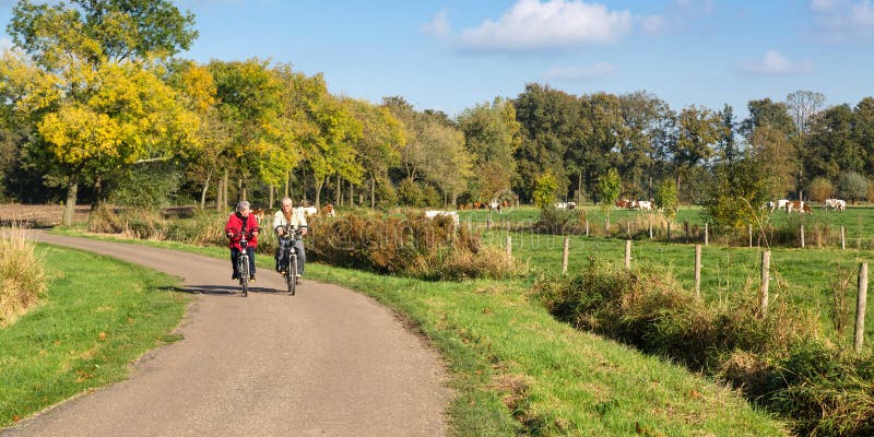 Senior men and women exercising with bicycles on a countryroad. Senior men and women exercising with bicycles on a countryroad