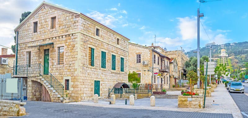 The small stone houses of German Colony located on the both sides of Ben Gurion Boulevard, Haifa, Israel. The small stone houses of German Colony located on the both sides of Ben Gurion Boulevard, Haifa, Israel.