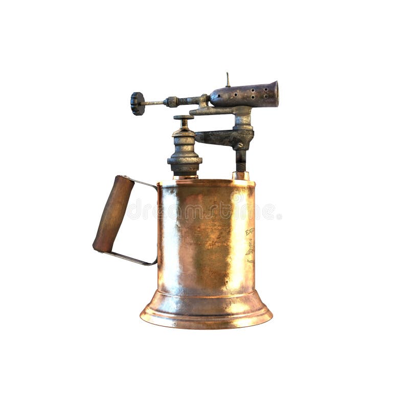 Old brass blow torch with wooden handle and bronze 3d illustration. Old brass blow torch with wooden handle and bronze 3d illustration