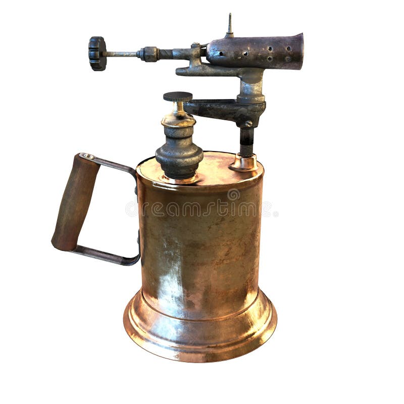 Old brass blow torch with wooden handle and bronze 3d illustration. Old brass blow torch with wooden handle and bronze 3d illustration