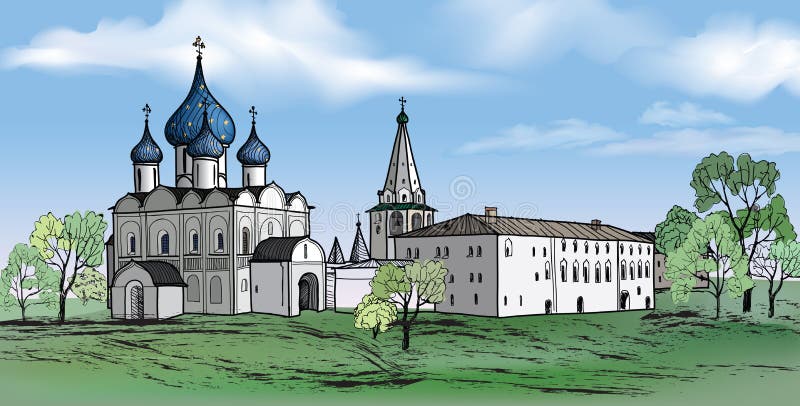 Old russian town landscape with church. Hand drawn sketch vector illustration of Suzdal Kremlin. View of Suzdal cityscape. Old russian town landscape with church. Hand drawn sketch vector illustration of Suzdal Kremlin. View of Suzdal cityscape.