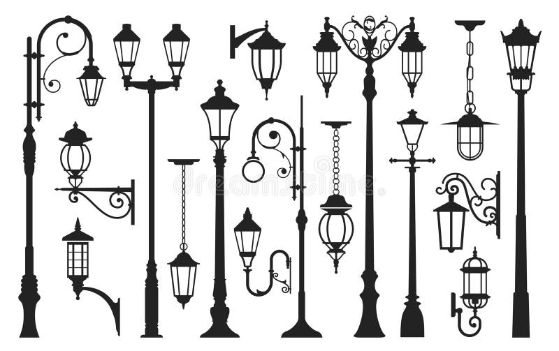 Old street lamp black silhouette, city vintage. Light pole, lamppost urban elegant collection. Vector illustration isolated on white background. Old street lamp black silhouette, city vintage. Light pole, lamppost urban elegant collection. Vector illustration isolated on white background