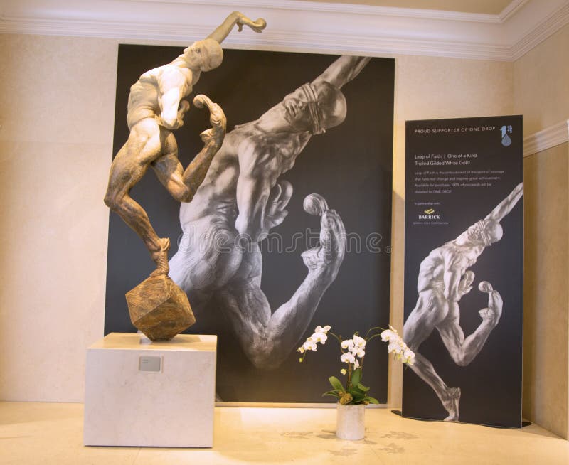 LAS VEGAS, NEVADA - MAY 9, 2014: Statue of Cirque du Soleil artist on exhibition in Las Vegas. Over 50 bronze sculptures of Richard MacDonald are exhibited in O Theatre gallery at Bellagio hotel. LAS VEGAS, NEVADA - MAY 9, 2014: Statue of Cirque du Soleil artist on exhibition in Las Vegas. Over 50 bronze sculptures of Richard MacDonald are exhibited in O Theatre gallery at Bellagio hotel