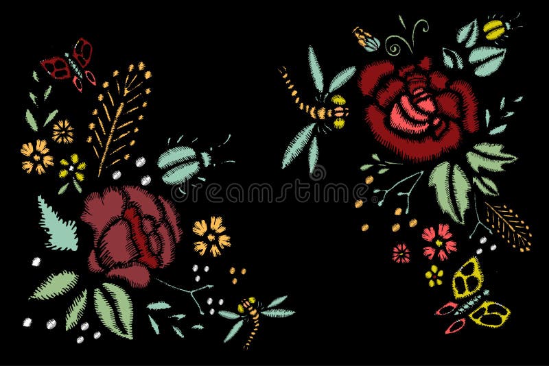 Embroidery Stitches With Roses, Meadow Flowers, Dragonflies, Butterflies, Beetles. Hand Drawn Vector Fashion Illustration On Black Background. For Fabric, Textile Decoration. Embroidery Stitches With Roses, Meadow Flowers, Dragonflies, Butterflies, Beetles. Hand Drawn Vector Fashion Illustration On Black Background. For Fabric, Textile Decoration.