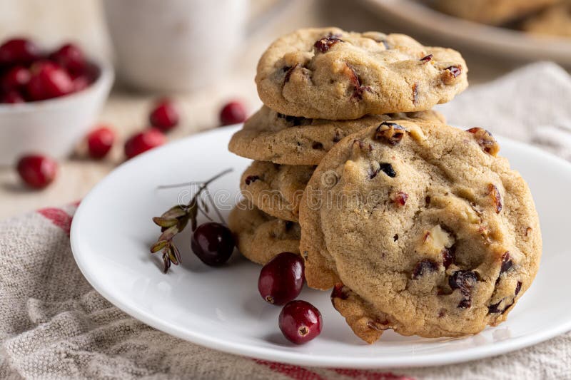 Stack of cranberry walnut cookies on a plate with bowl of cranberries in background. Stack of cranberry walnut cookies on a plate with bowl of cranberries in background