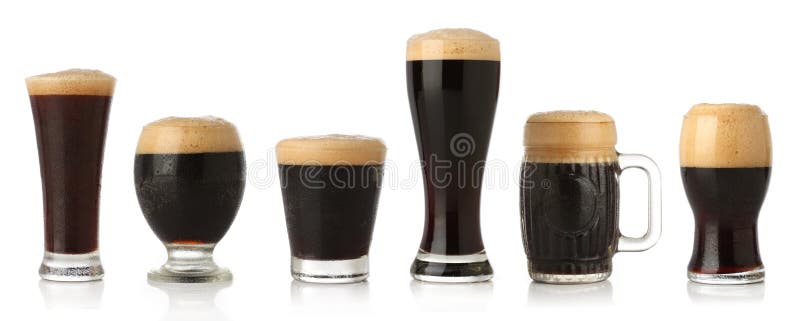 Different glasses of stout beer, isolated on white. Different glasses of stout beer, isolated on white